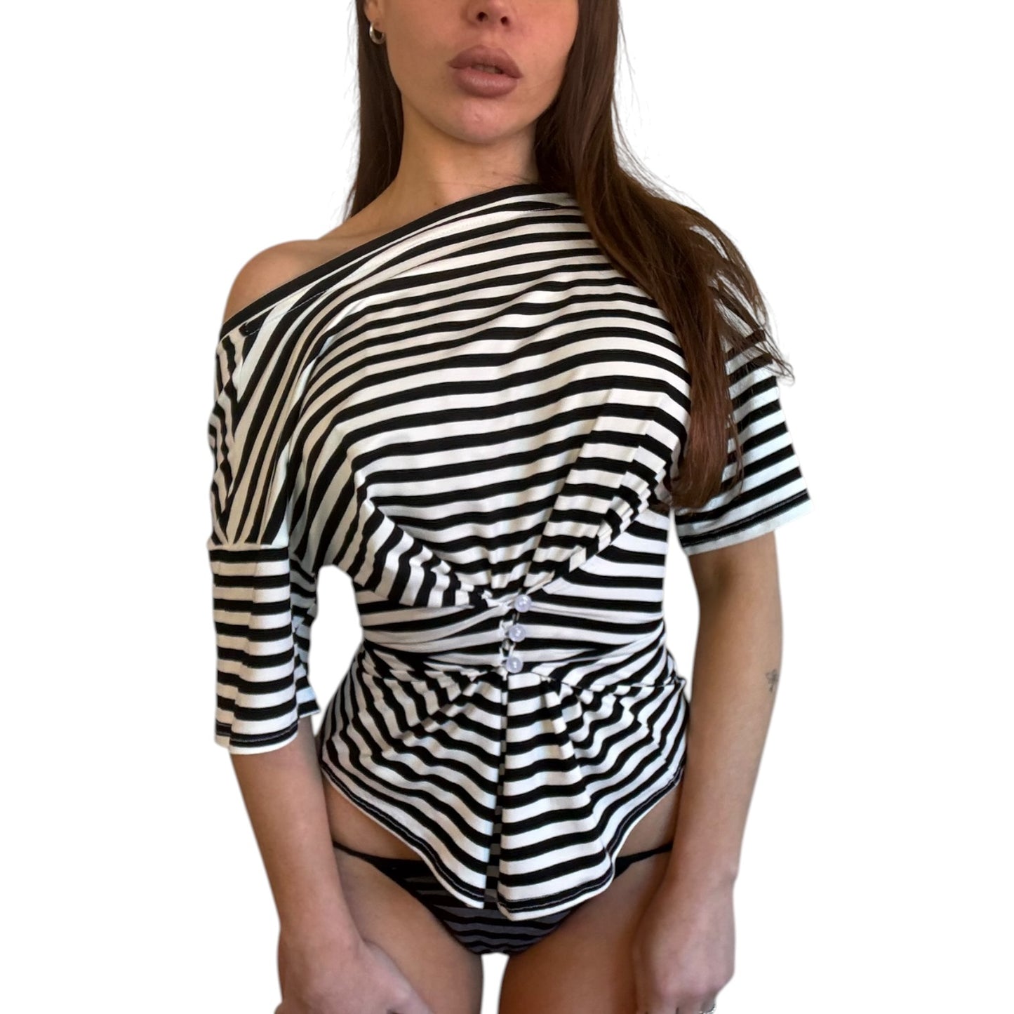 Emma V-Neck Off Shoulder Top - Striped