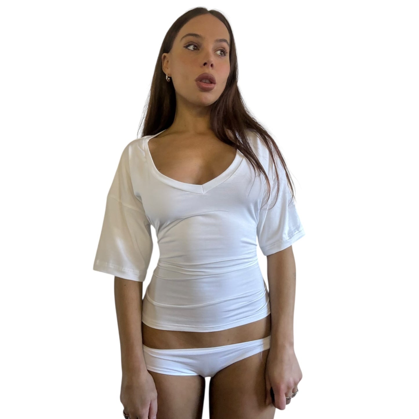 Emma V-Neck Off Shoulder Top - White