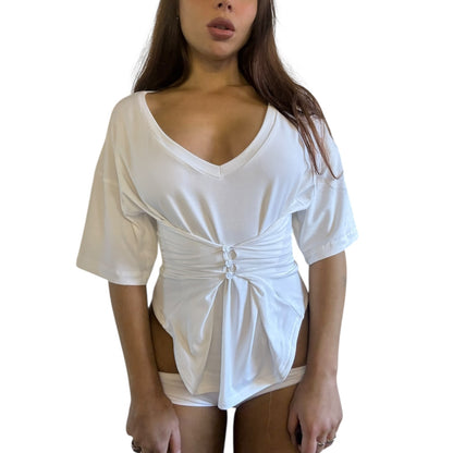 Emma V-Neck Off Shoulder Top - White