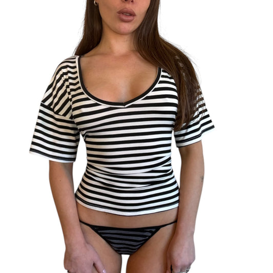 Emma V-Neck Off Shoulder Top - Striped