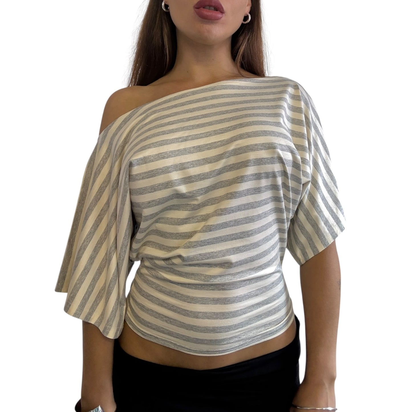 Remy Off Shoulder Top - Yellow Grey Striped